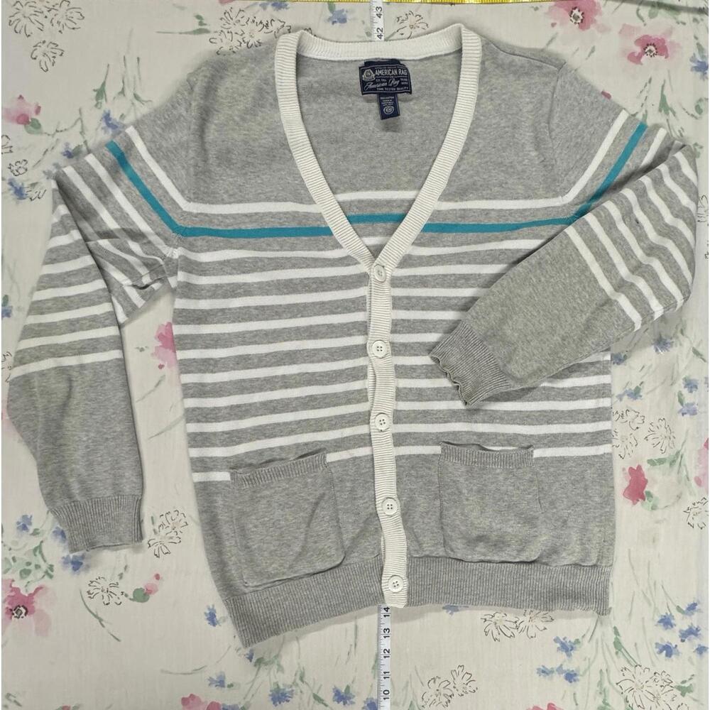 American Rag Gray Striped Button Cardigan Sweater Mens Large Cotton